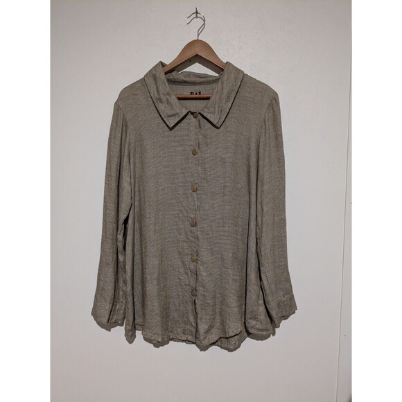 Flax Designs Shirt Womens Large Brown Tan Green Woven Linen Button Up Tunic S/M - Picture 3 of 8